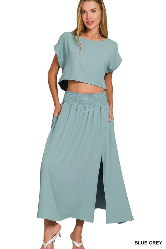 Zenana Heavy Woven Span Crop Tee Skirt Set 6