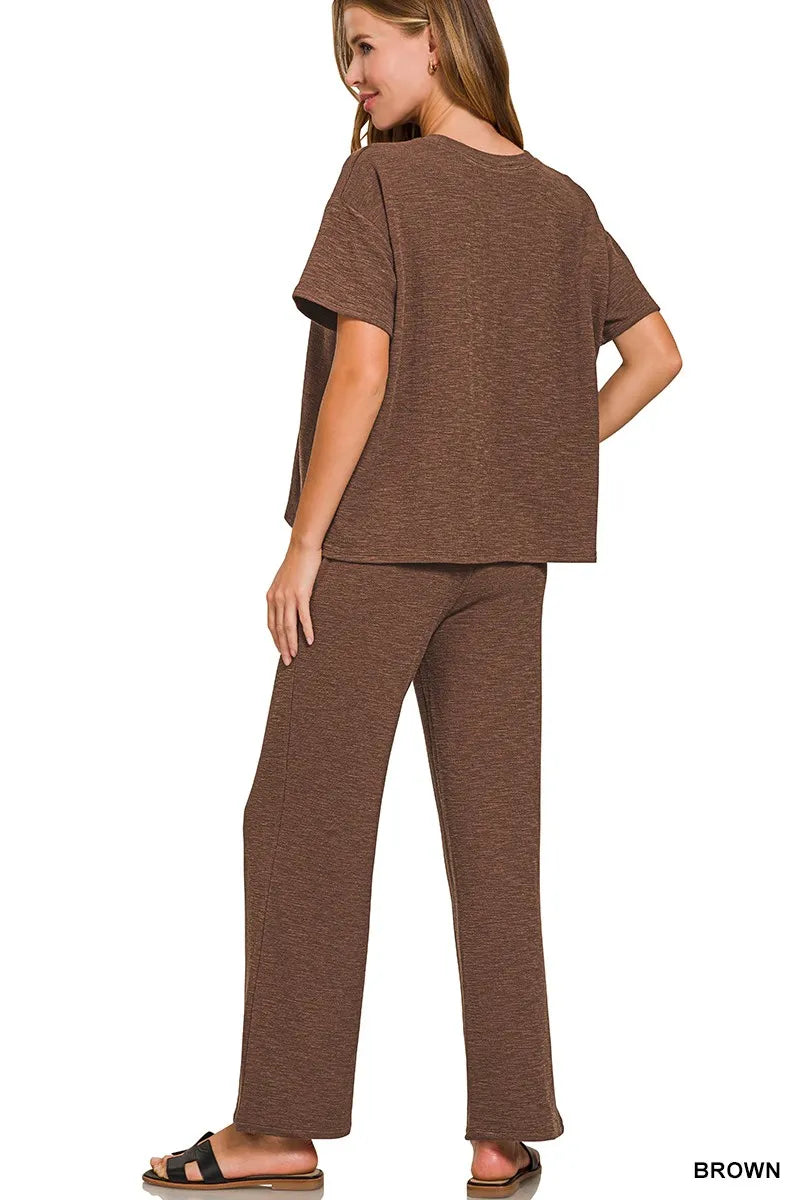 Brown Zenana Slub Short Sleeve T Shirt And Pants Set