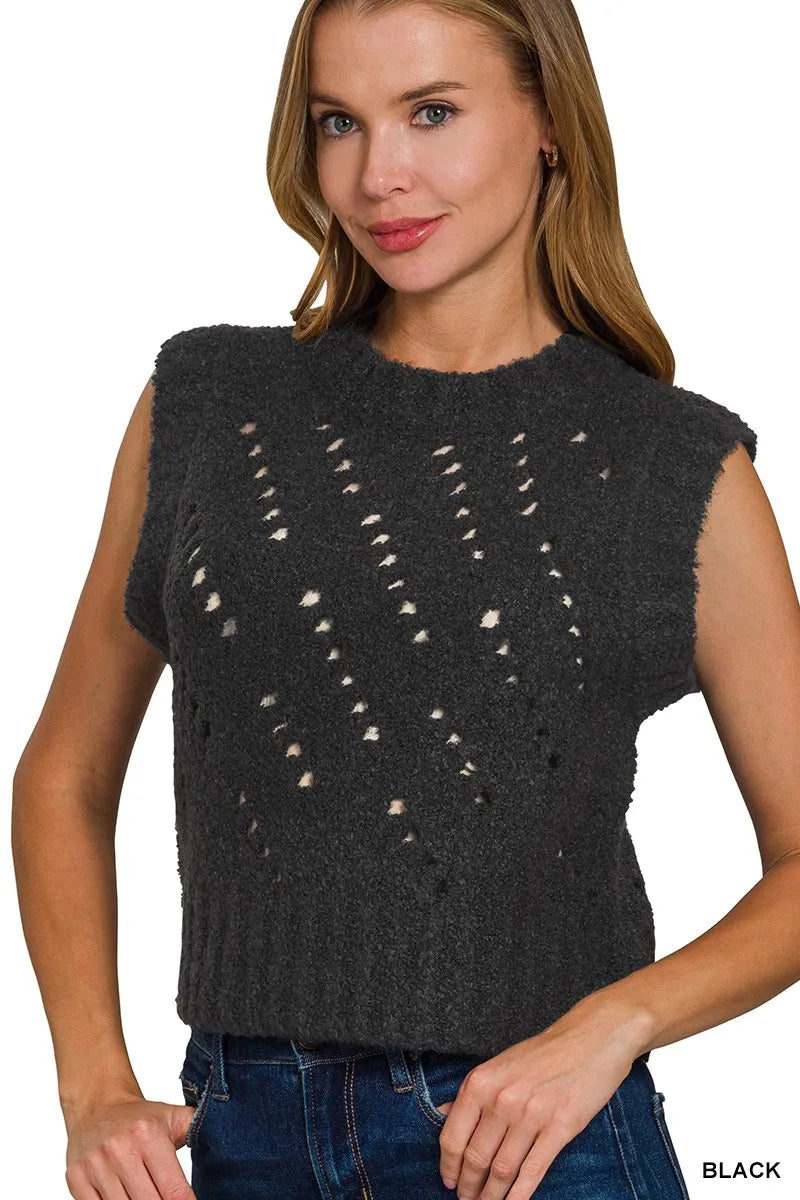 Black Zenana Openwork Textured Wool Sweater Vest