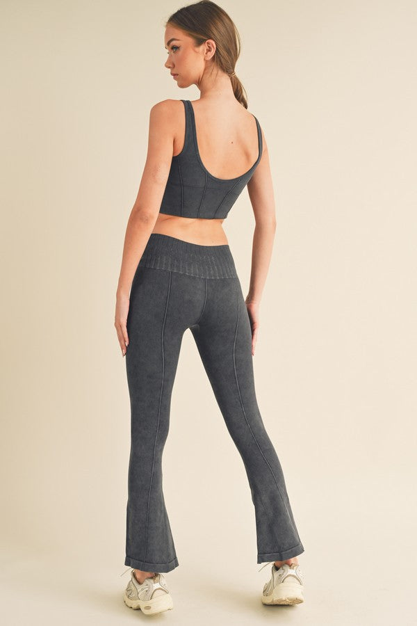 Coffee Womens Stone Washed Ribbed Matching Yoga Set