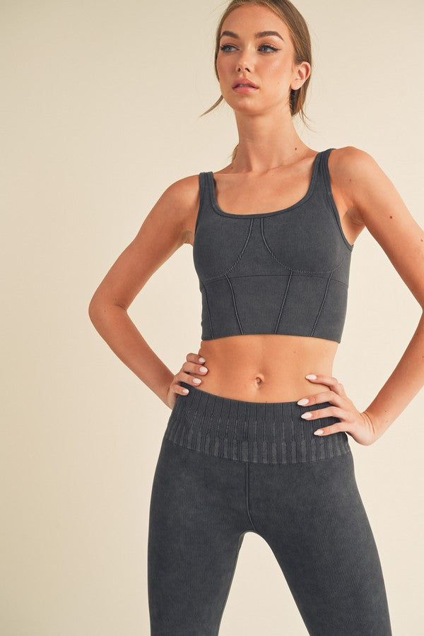 Coffee Womens Stone Washed Ribbed Matching Yoga Set