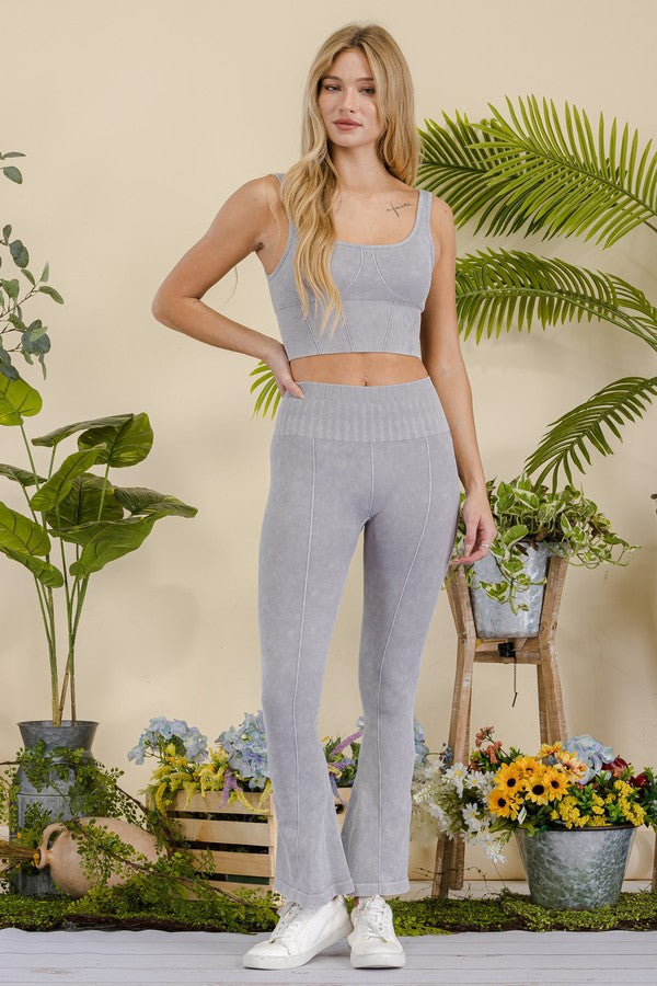 Grey Womens Stone Washed Ribbed Matching Yoga Set