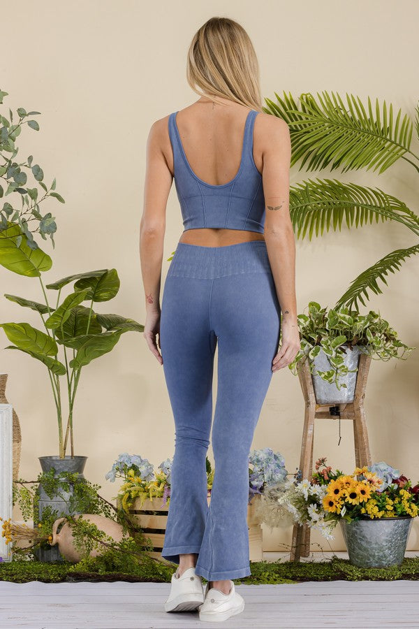Black Womens Stone Washed Ribbed Matching Yoga Set