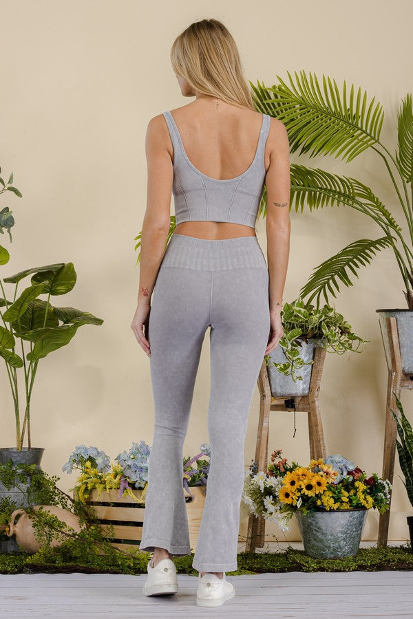 Grey Womens Stone Washed Ribbed Matching Yoga Set