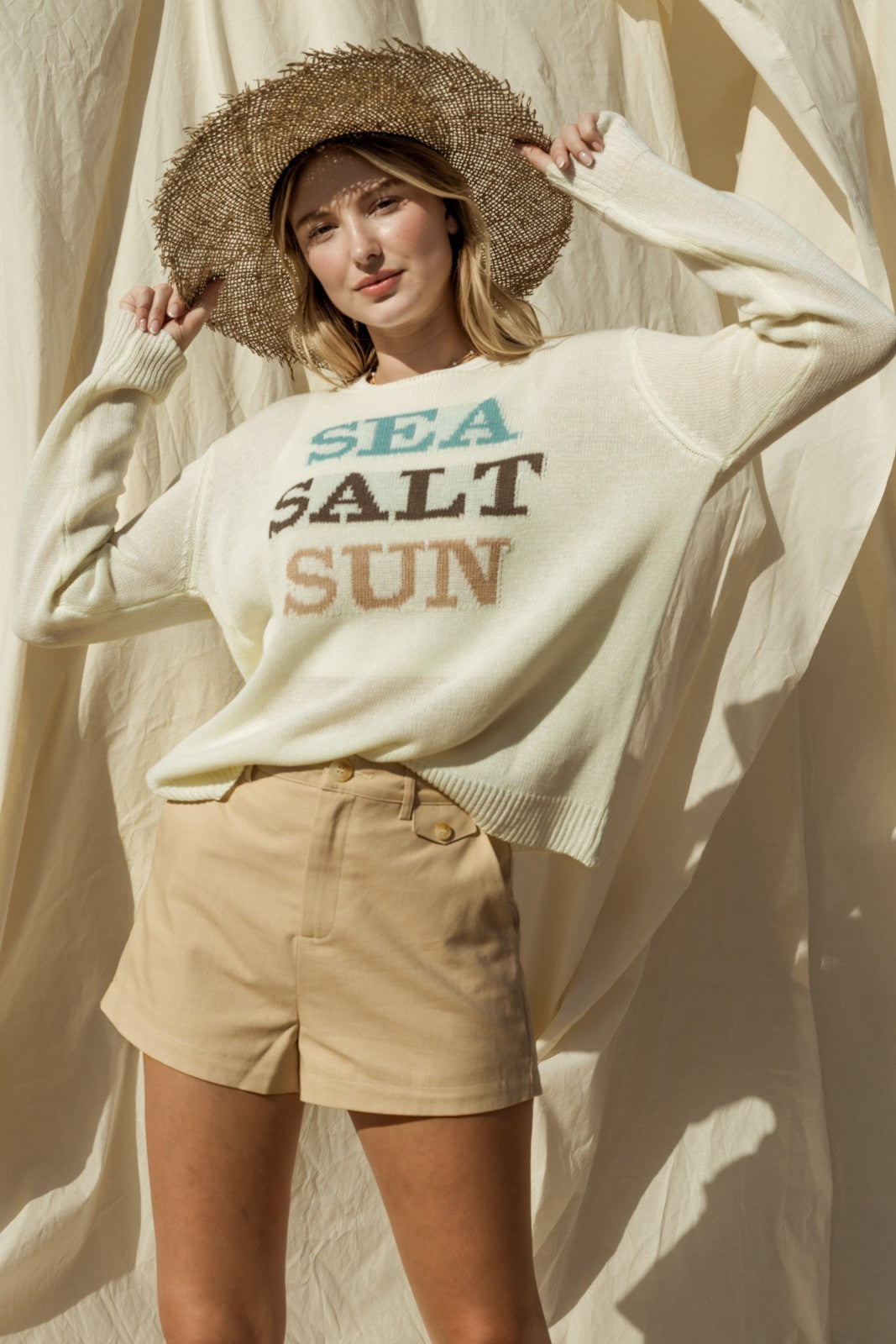 White Round Neck Long Sleeve Sea Salt Sun Sweater
