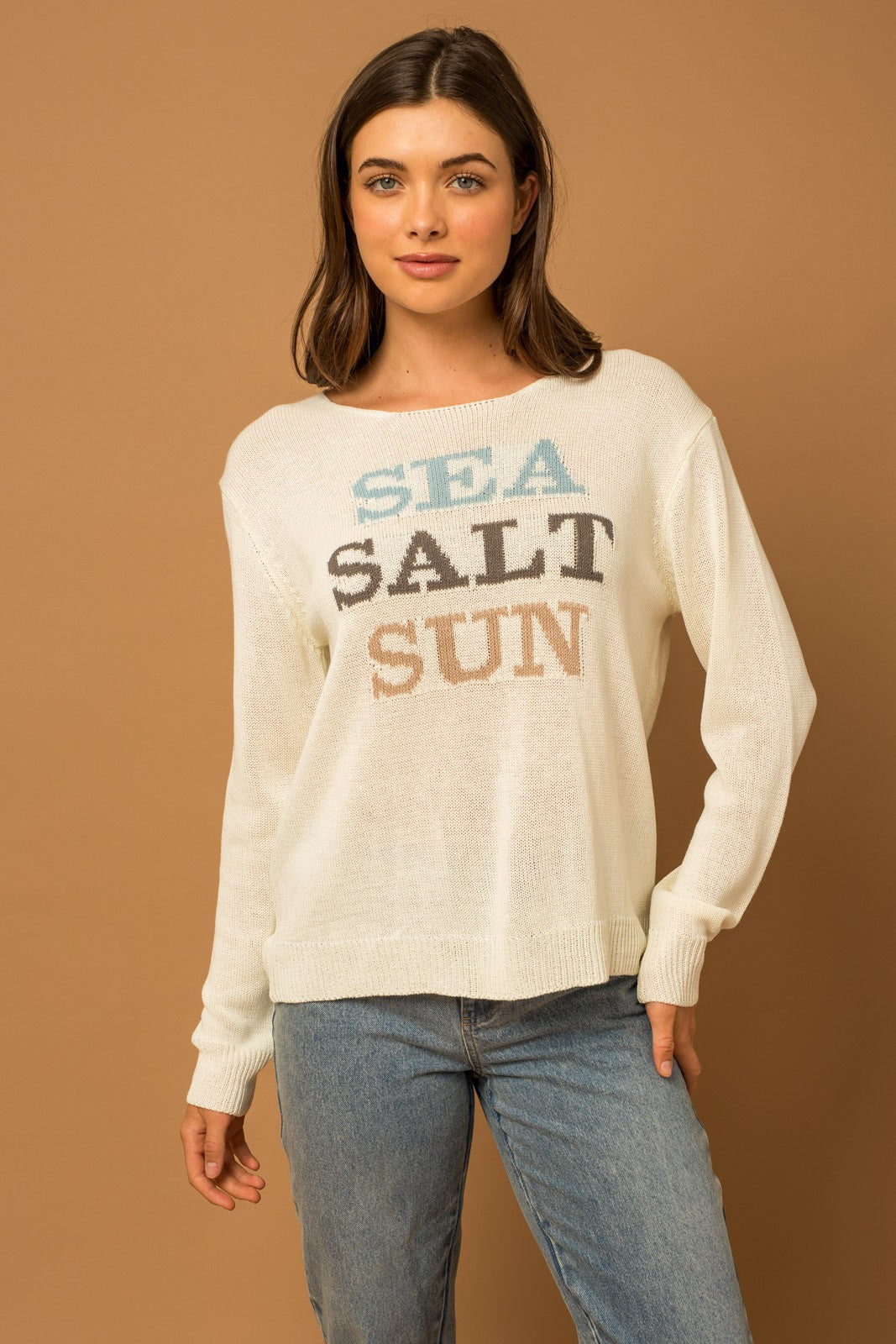 White Round Neck Long Sleeve Sea Salt Sun Sweater