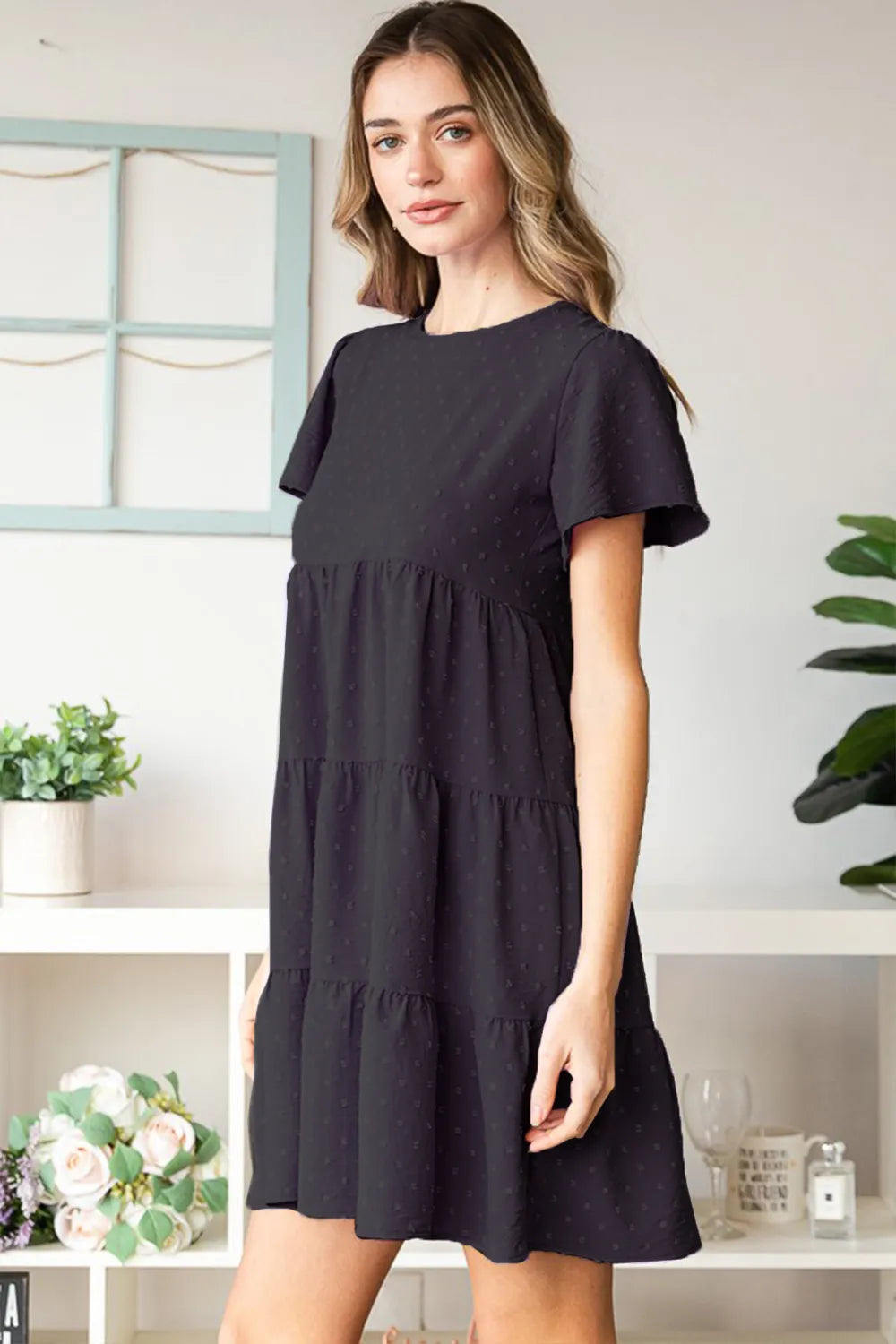 Black Heimish Swiss Dot Short Sleeve Tiered Dress