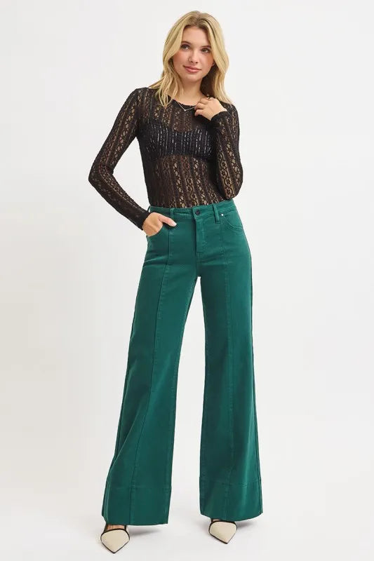 Hunter Green Risen Full Size Tummy Control Mid Rise Wide Leg Jeans Plus Size
