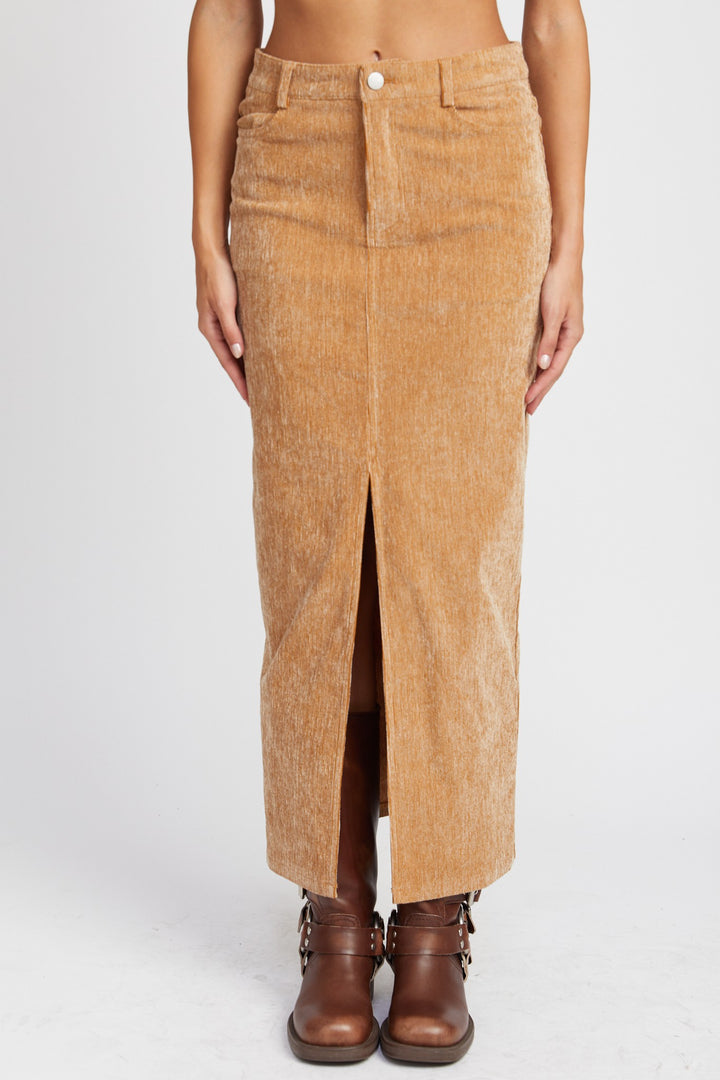 Corduroy Mid Skirt With Front Slit