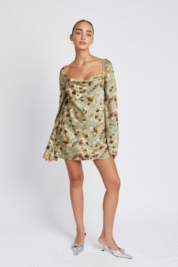 Sage Floral Floral Long Sleeve Mini Dress With Open Back