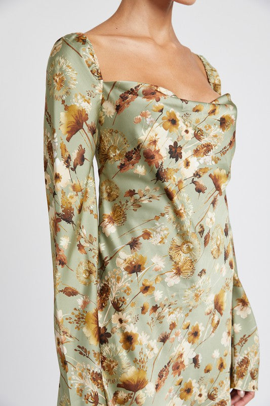 Sage Floral Floral Long Sleeve Mini Dress With Open Back