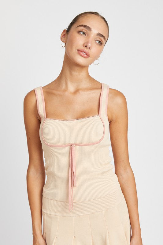 Beige Ribbed Tank Top With Contrasted Seam