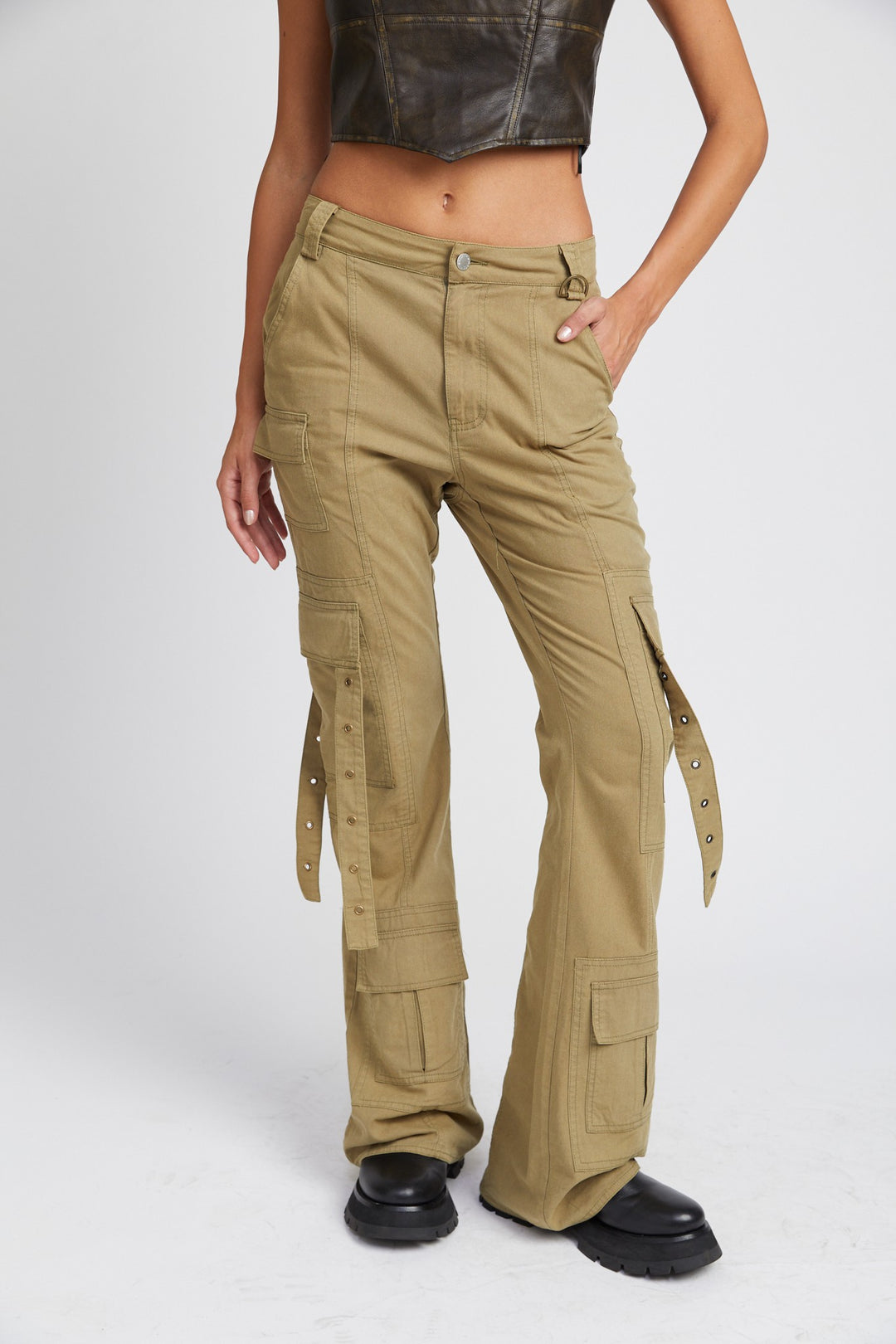 Olive Low Waist Cargo Flared Pants