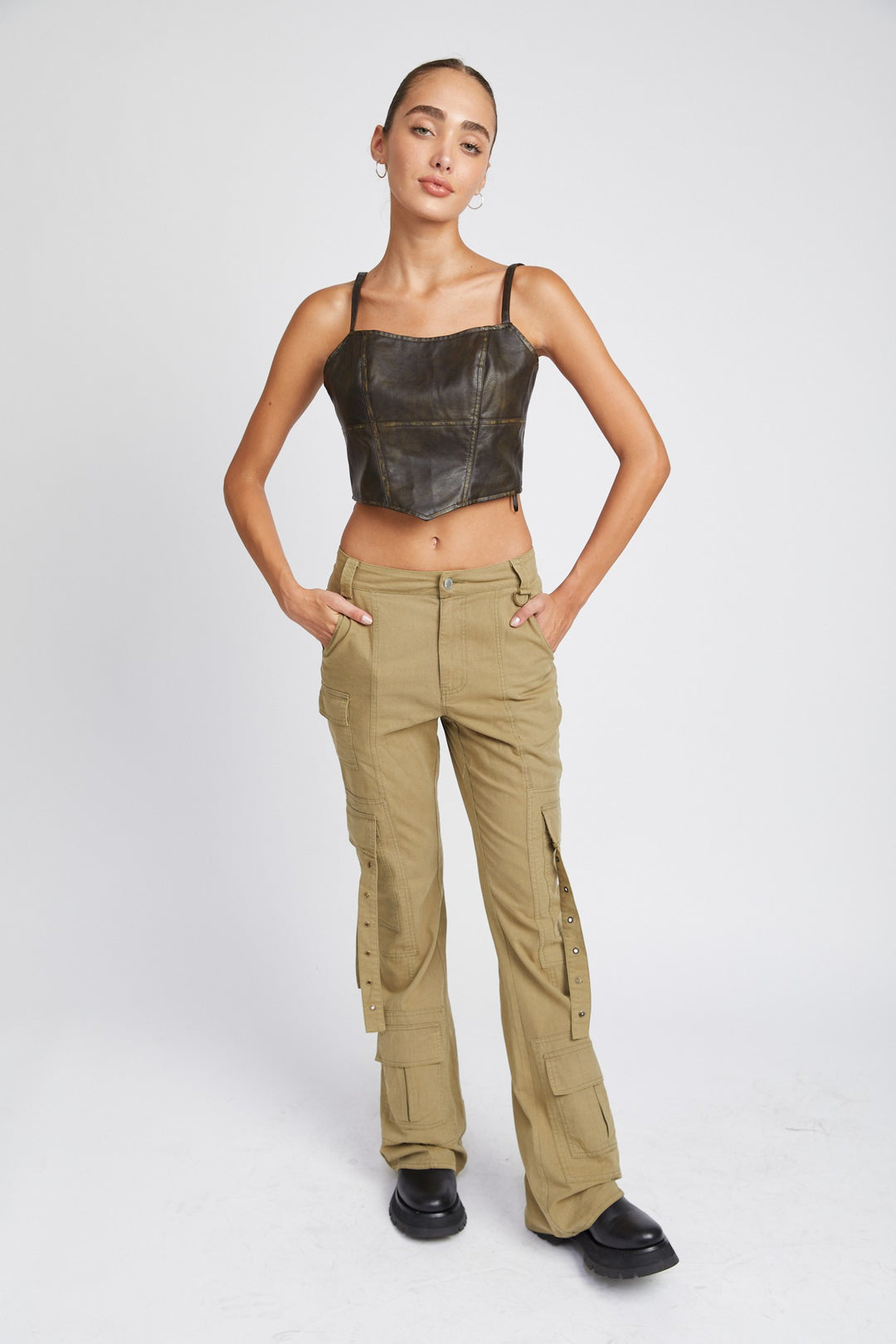 Olive Low Waist Cargo Flared Pants