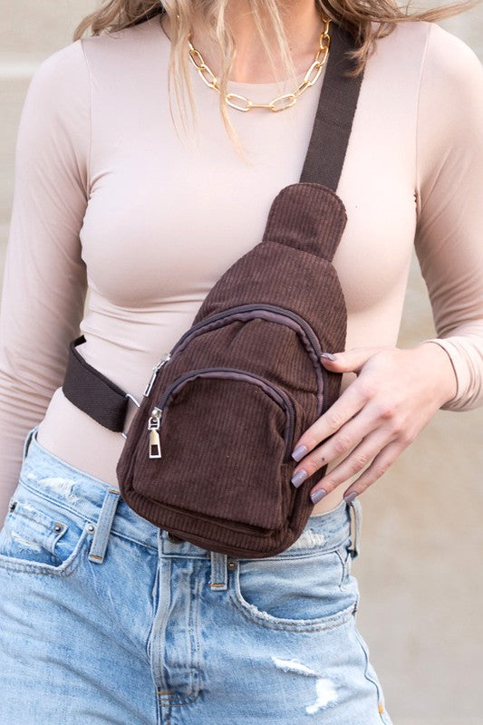 Gray Ingrid Double Zip Corduroy Sling