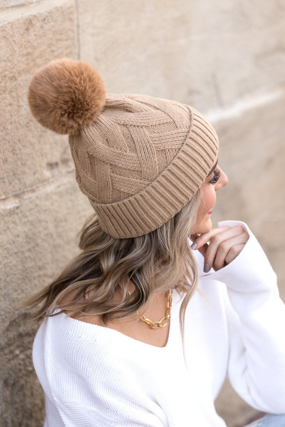 Camel Chunky Knit Fur Pom Beanie | Anekay