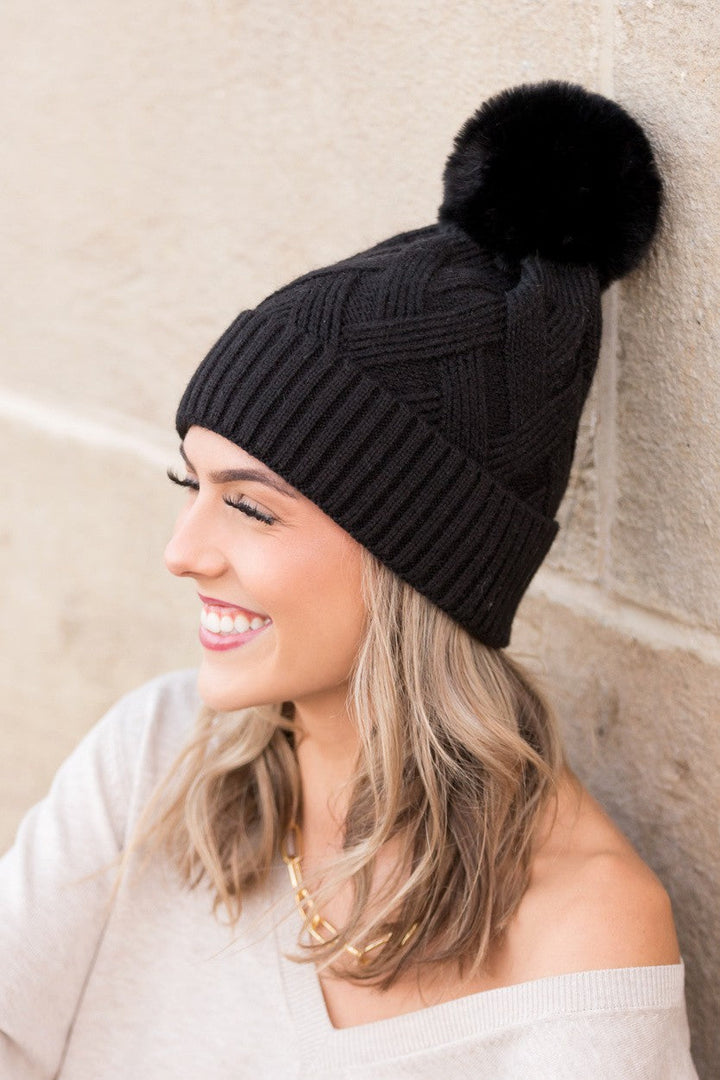 Gray Chunky Knit Fur Pom Beanie | Anekay