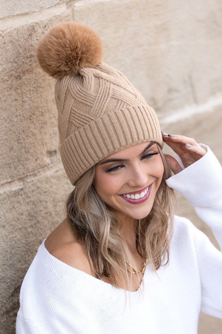 Black Chunky Knit Fur Pom Beanie | Anekay