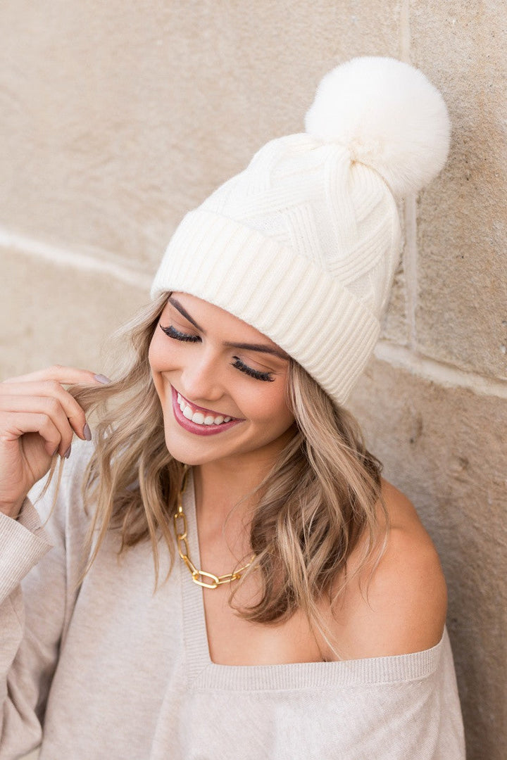 Winter White Chunky Knit Fur Pom Beanie | Anekay