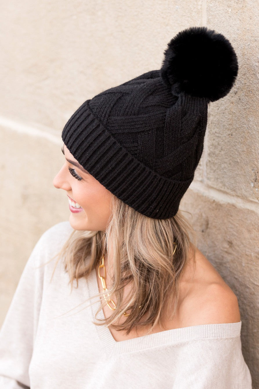 Mauve Chunky Knit Fur Pom Beanie | Anekay