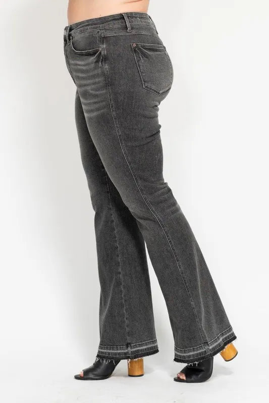 Gry Judy Blue Full Size Mid Rise Tummy Control Washed Gray Release Hem Flare Jeans Plus Size