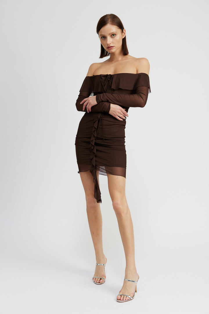 Chocolate Off Shoulder Mini Dress With Ruffle Detail