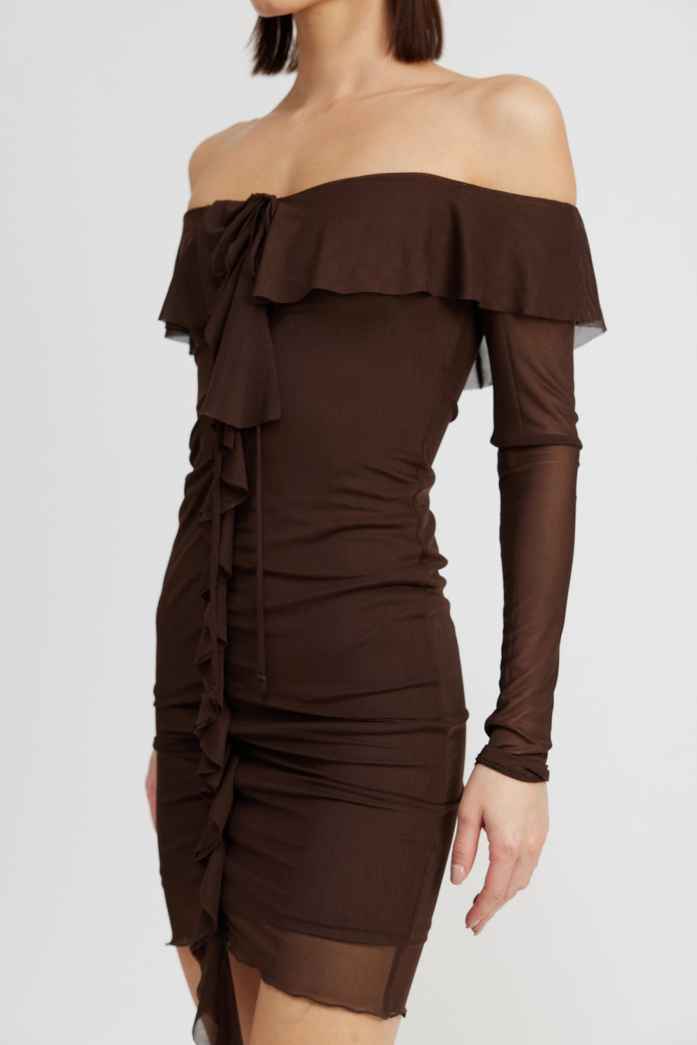 Chocolate Off Shoulder Mini Dress With Ruffle Detail