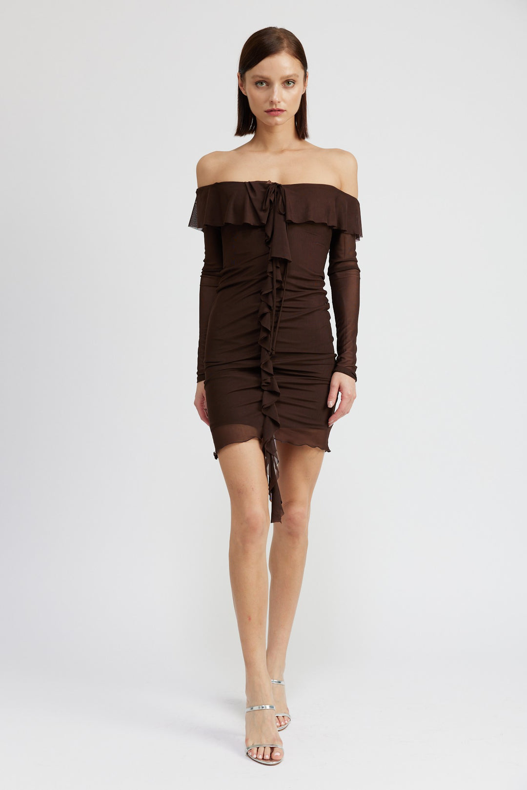 Chocolate Off Shoulder Mini Dress With Ruffle Detail