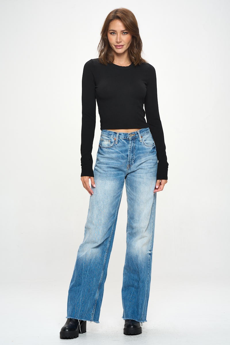 Made In Usa Ribbed Round Neck Long Sleeve Crop Top