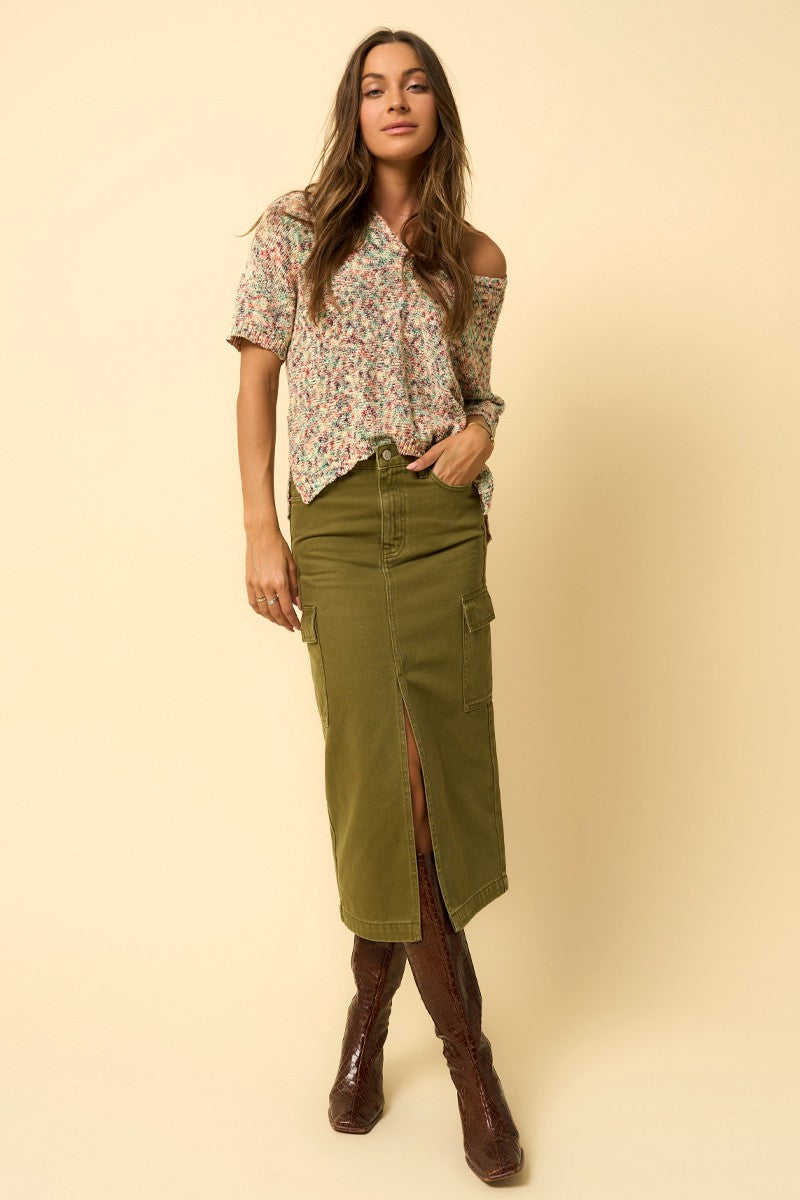 True Olive Color Cargo Midi Skirt