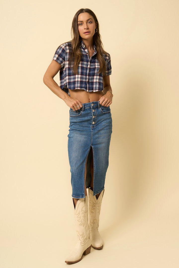 Medium Denim Front Slit Midi Skirt 1