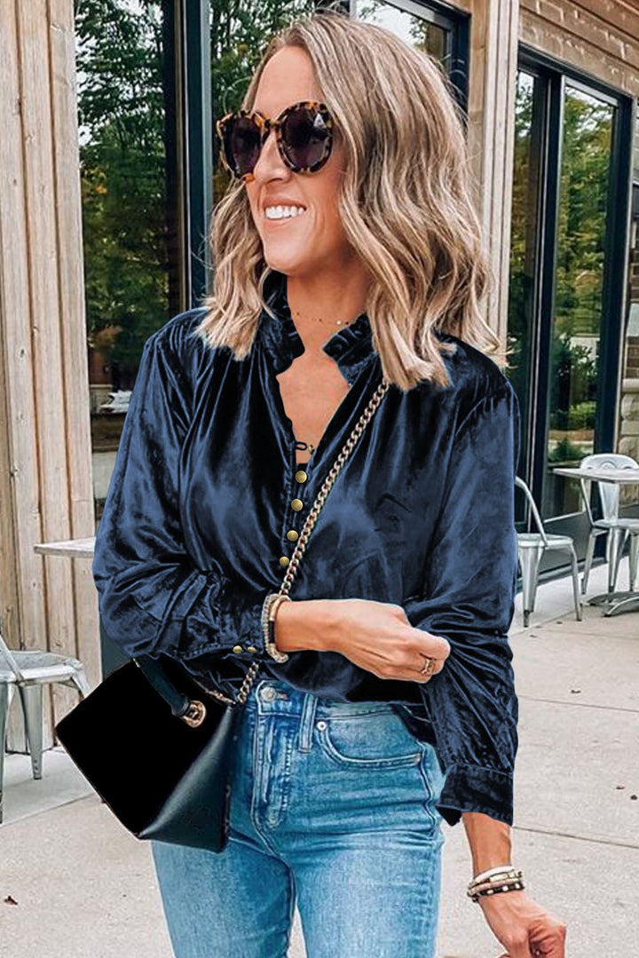 Teal Velvet Button Frilled Neck Blouse Top