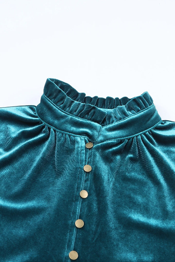 Navy Velvet Button Frilled Neck Blouse Top