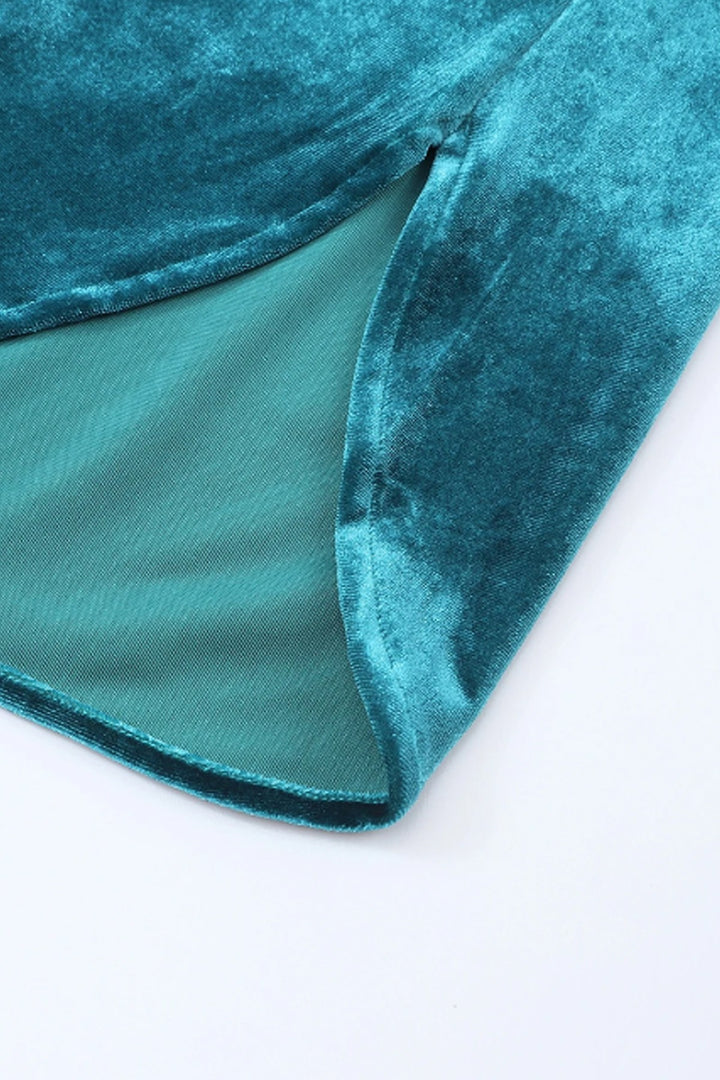 Teal Velvet Button Frilled Neck Blouse Top