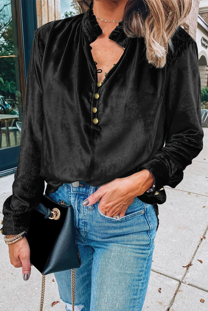 Burgundy Velvet Button Frilled Neck Blouse Top