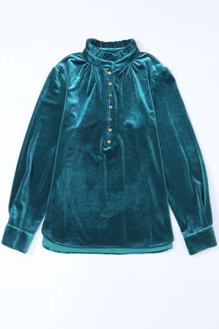 Coco Velvet Button Frilled Neck Blouse Top