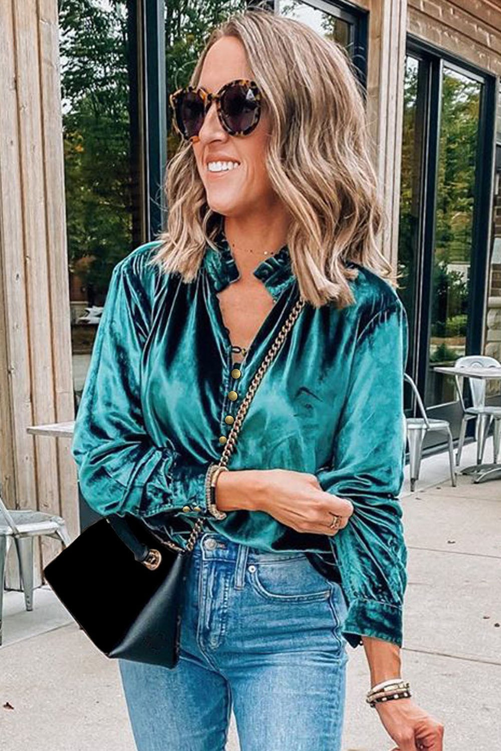 Burgundy Velvet Button Frilled Neck Blouse Top