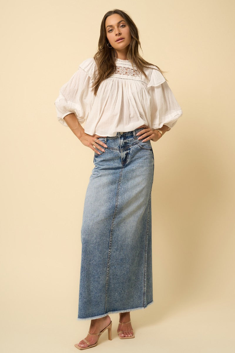 Denim Blue High Rise Flared Maxi Skirt 1