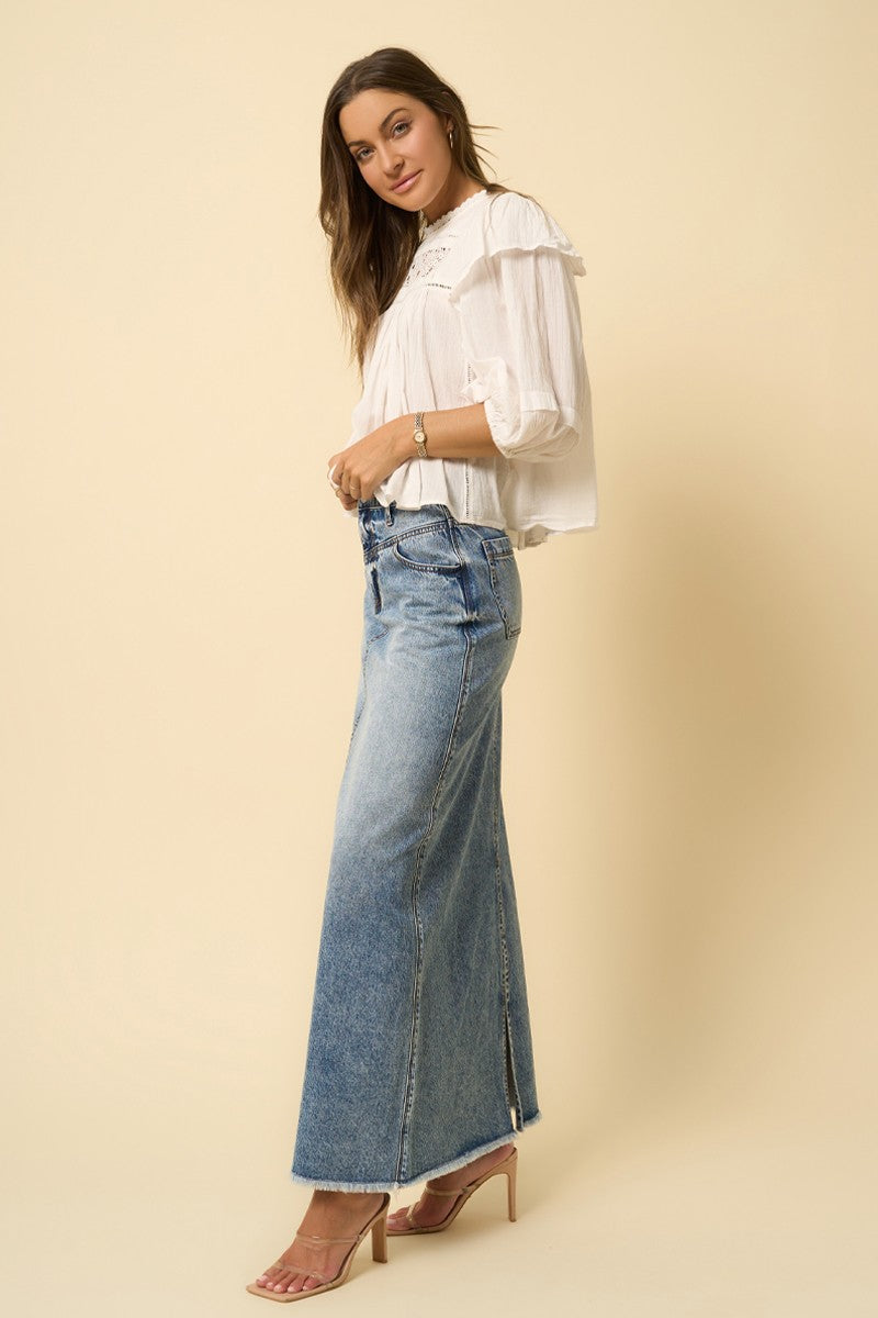 Denim Blue High Rise Flared Maxi Skirt 1