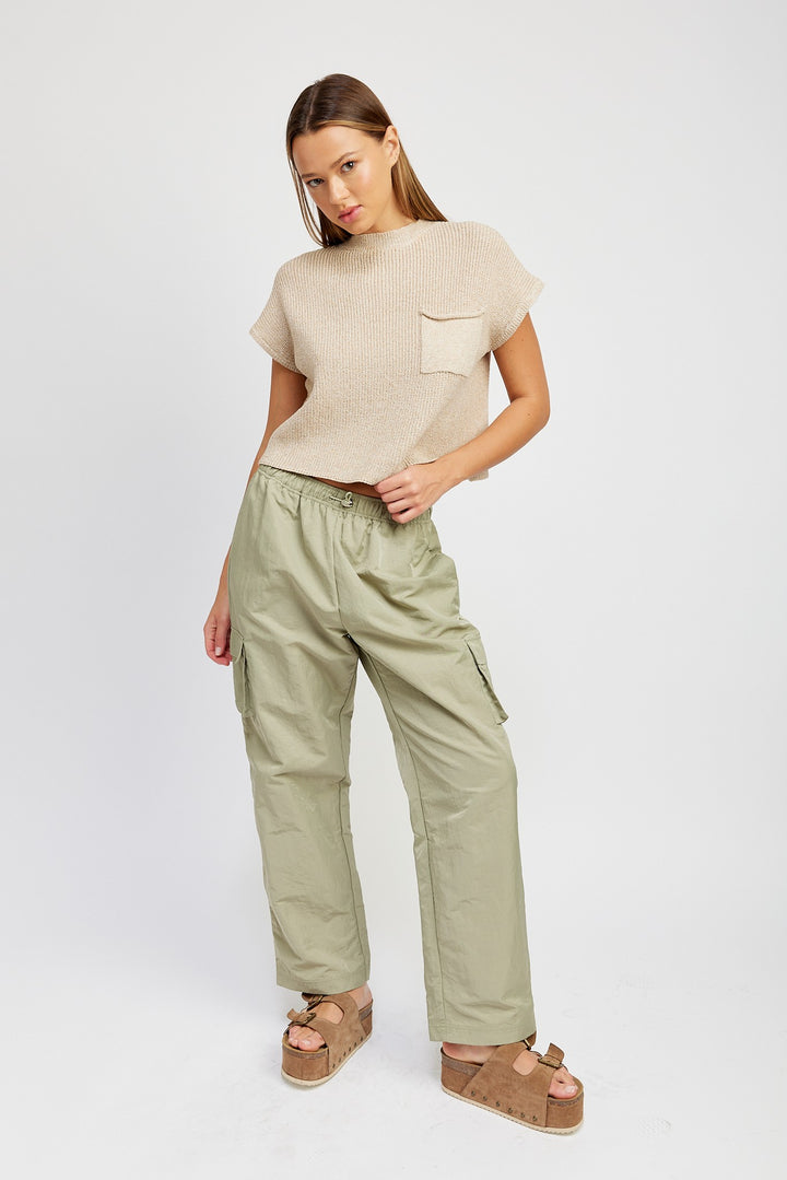 Dusty Sage Straight Leg Pants With Elastic Waist Band