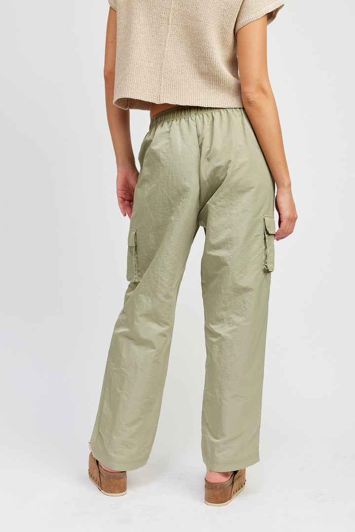 Taupe Straight Leg Pants With Elastic Waist Band
