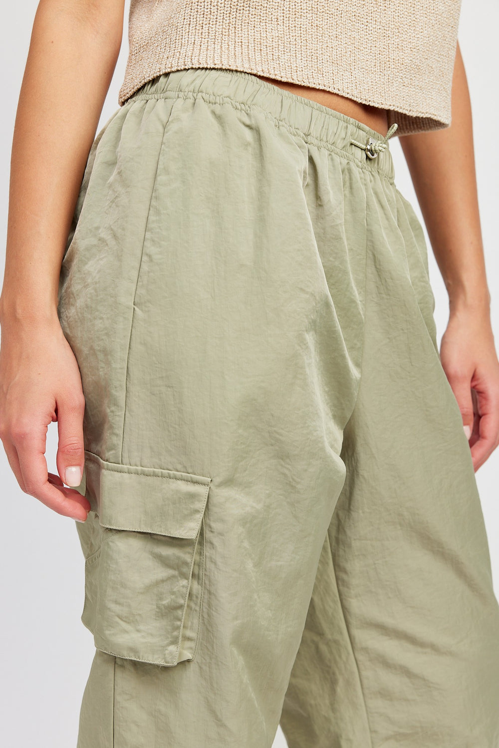 Dusty Sage Straight Leg Pants With Elastic Waist Band
