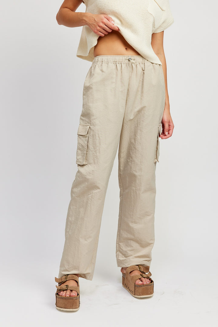 Taupe Straight Leg Pants With Elastic Waist Band