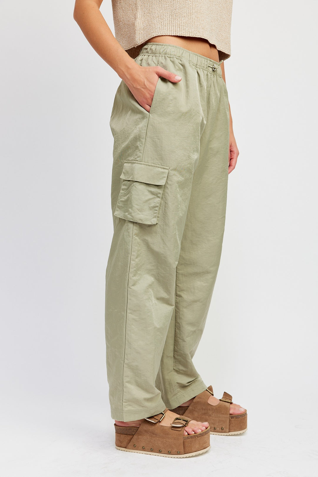 Taupe Straight Leg Pants With Elastic Waist Band