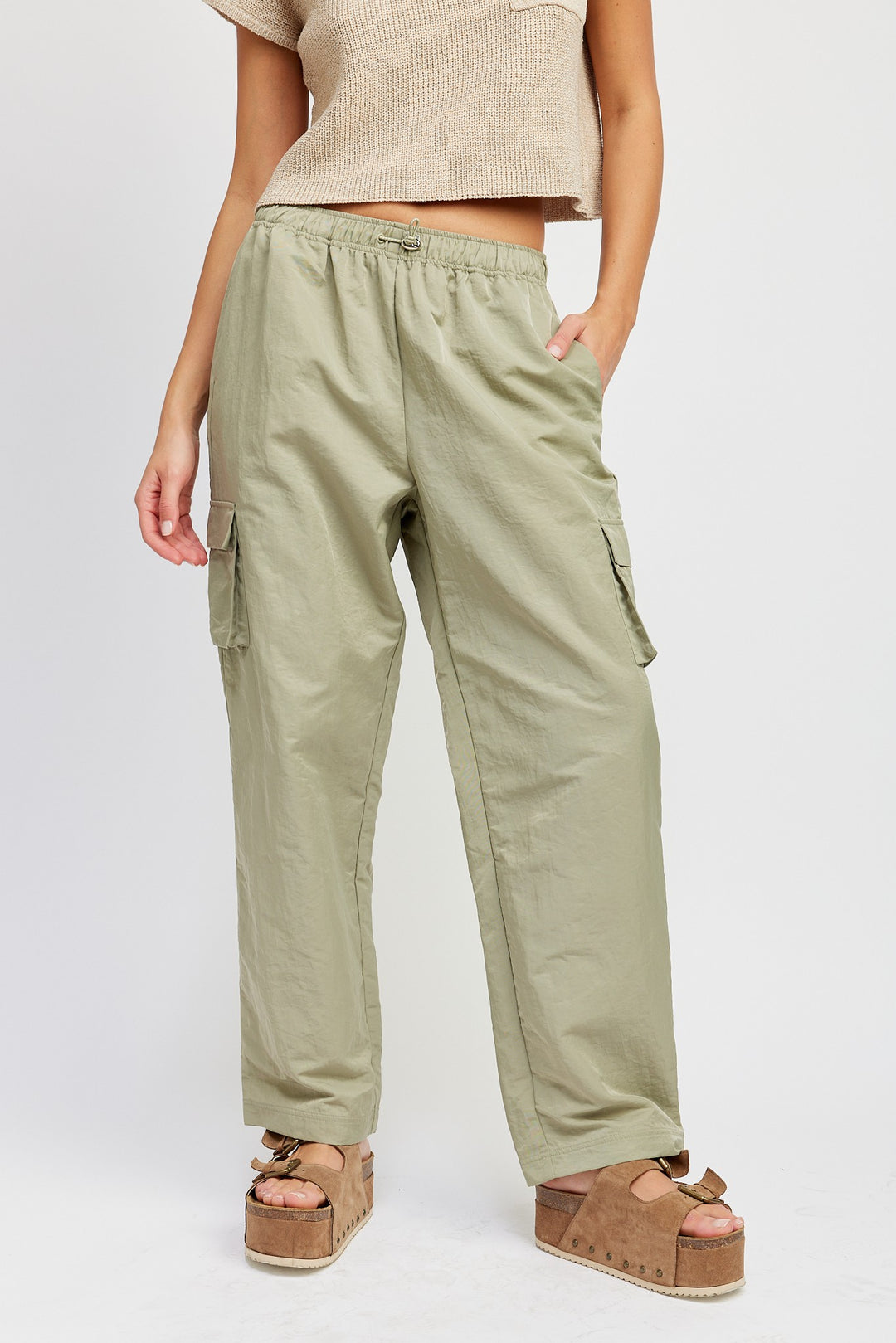 Dusty Sage Straight Leg Pants With Elastic Waist Band