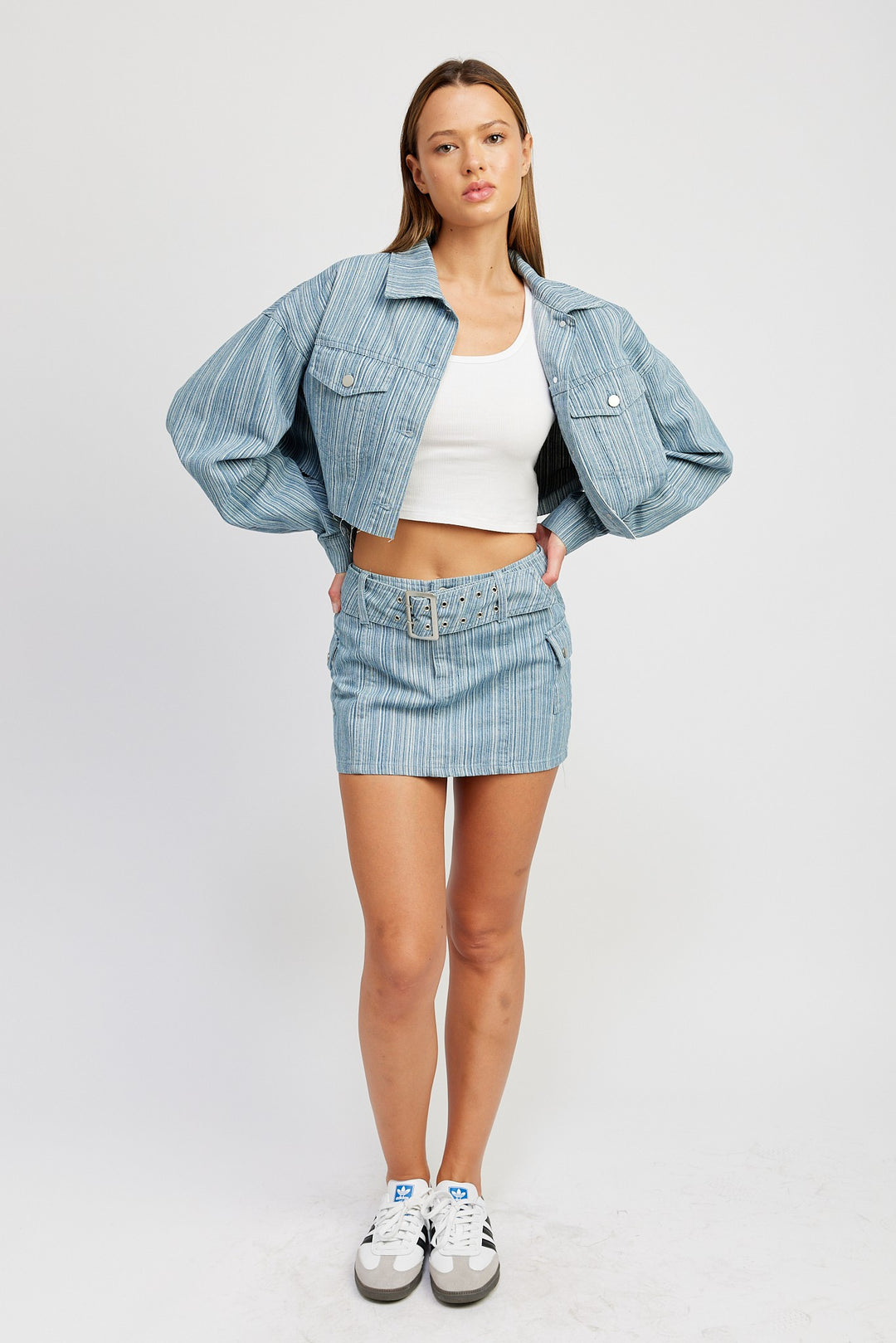 Denim Belted Mini Denim Skirt