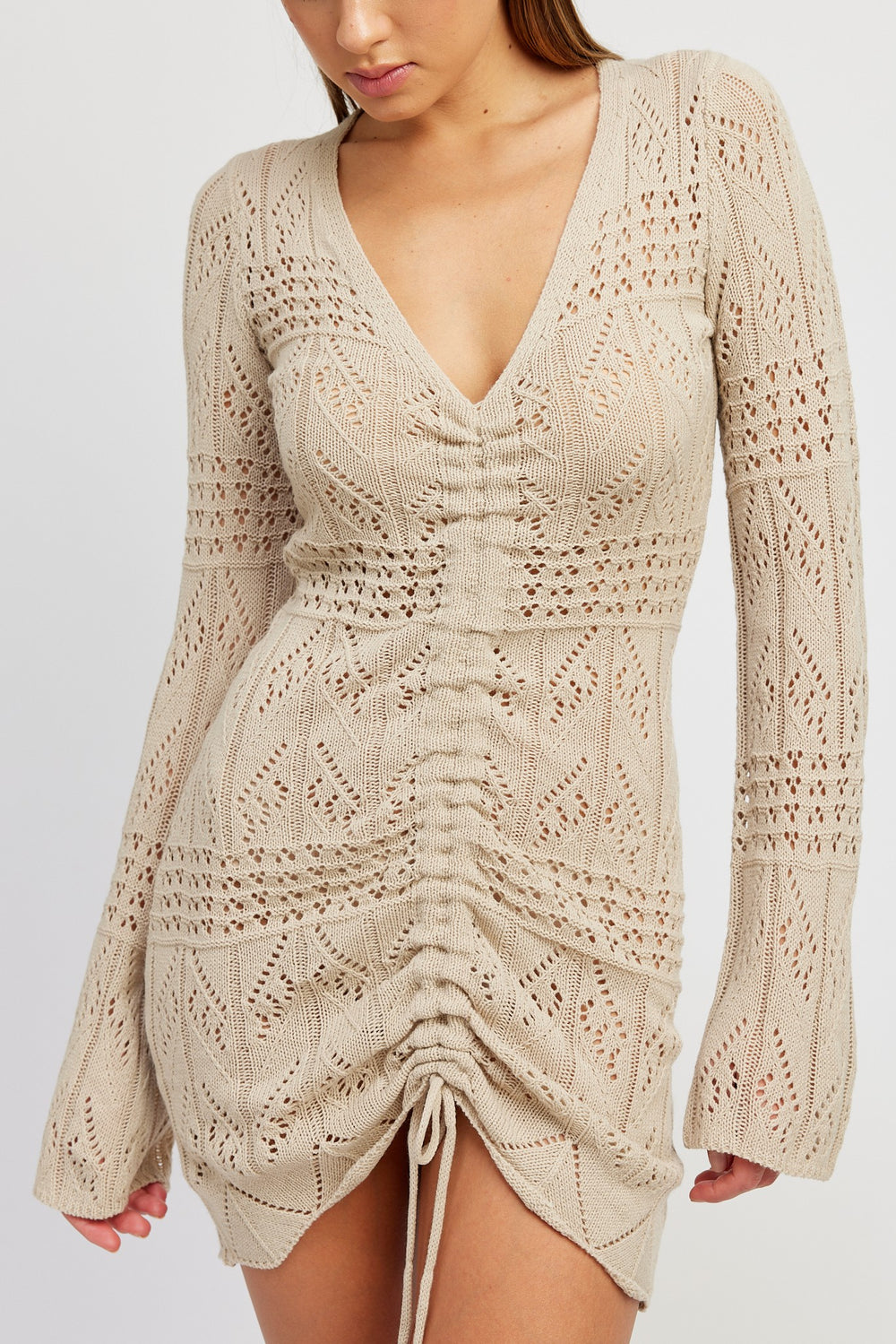 Oyster Ruched Crochet Mini Dress