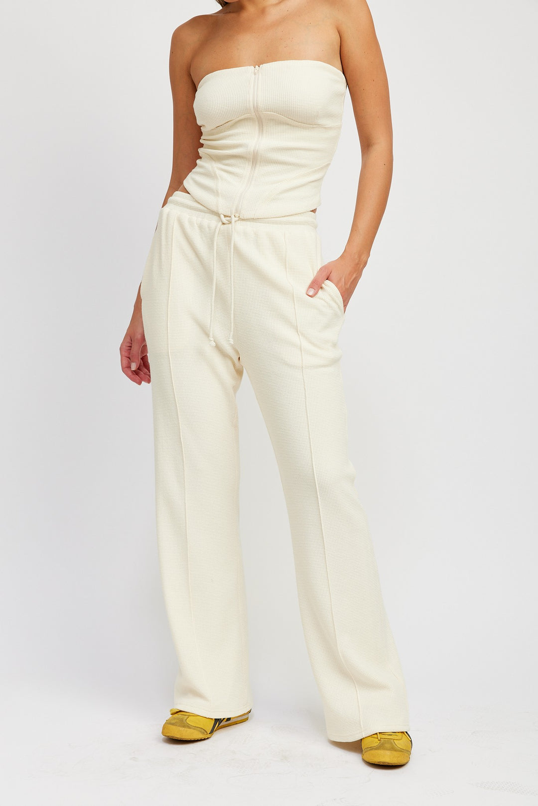 Ivory High Waist Pants With Drawstrings