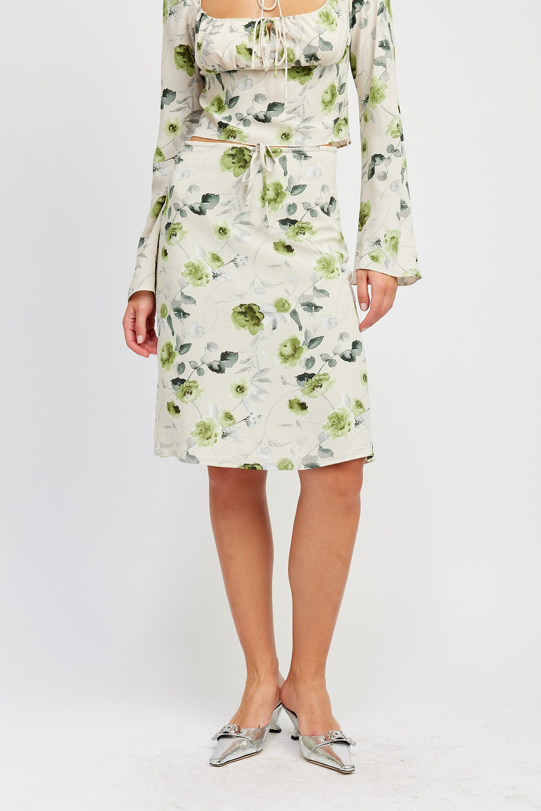 Sage Cream Floral Midi Skirt With Front Drawstring