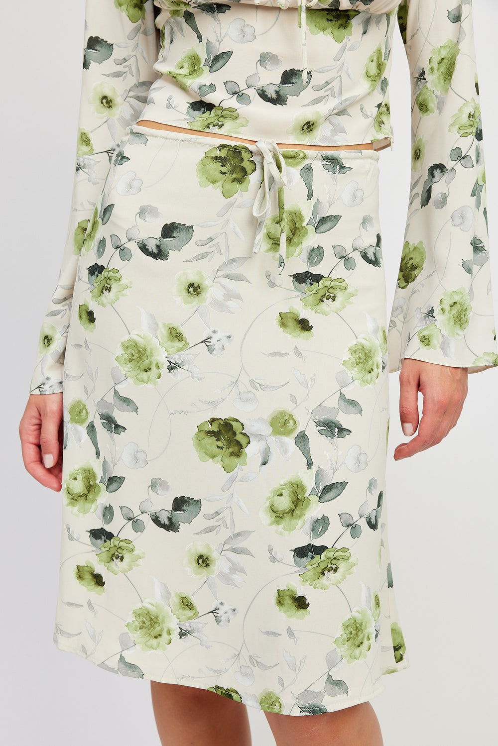 Sage Cream Floral Midi Skirt With Front Drawstring